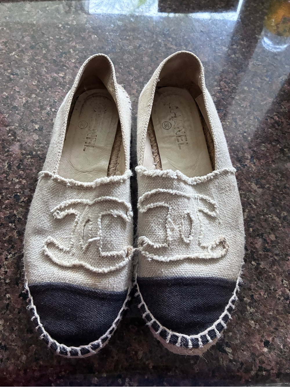 CHANEL Cream Canvas Espadrilles with Black Toe Cap